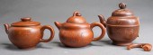THREE YIXING WARE TYPE TEAPOTS