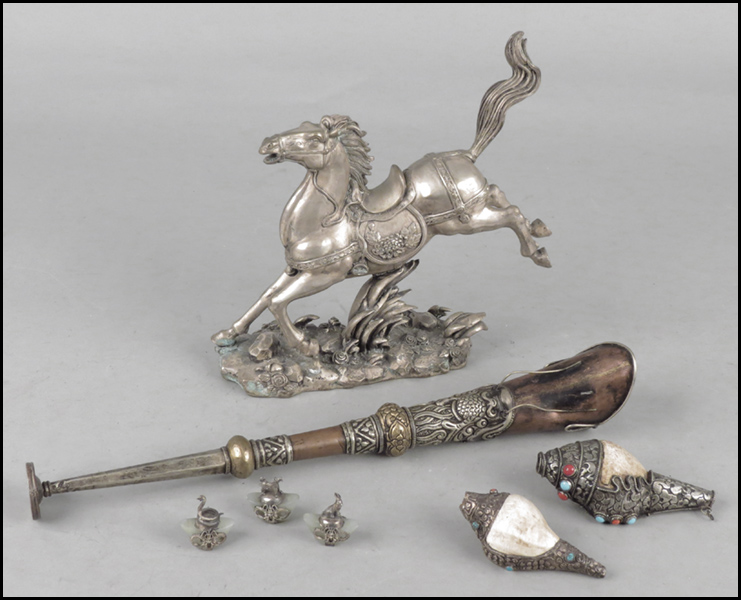 TIBETAN BRASS HORN. Together with a