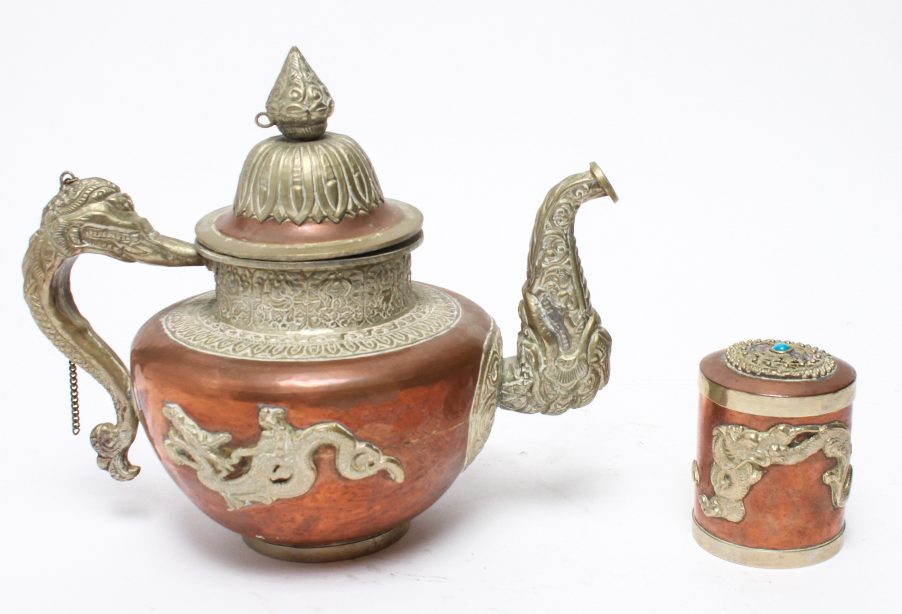 TIBETAN COPPER & METAL TEAPOT & JAR