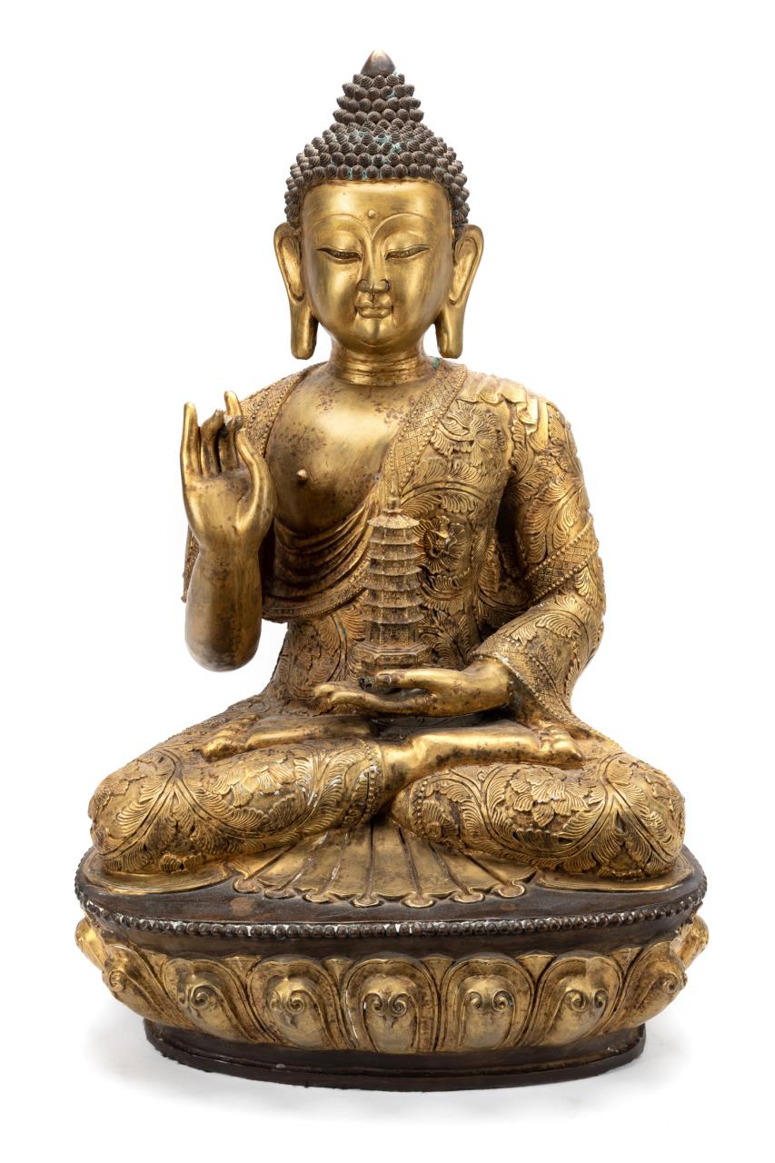 TIBETAN GILT METAL SEATED BUDDHA