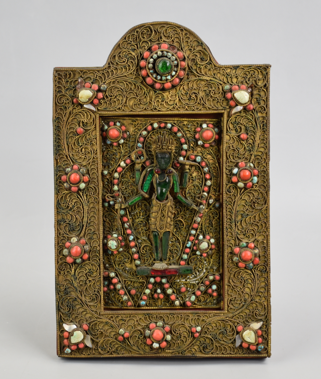TIBETAN PLAQUE W/ CORAL & JADEITE