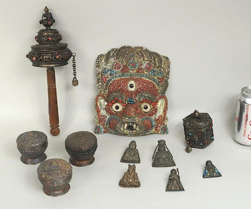TIBETAN PRAYER WHEEL, MASK, 3 METAL