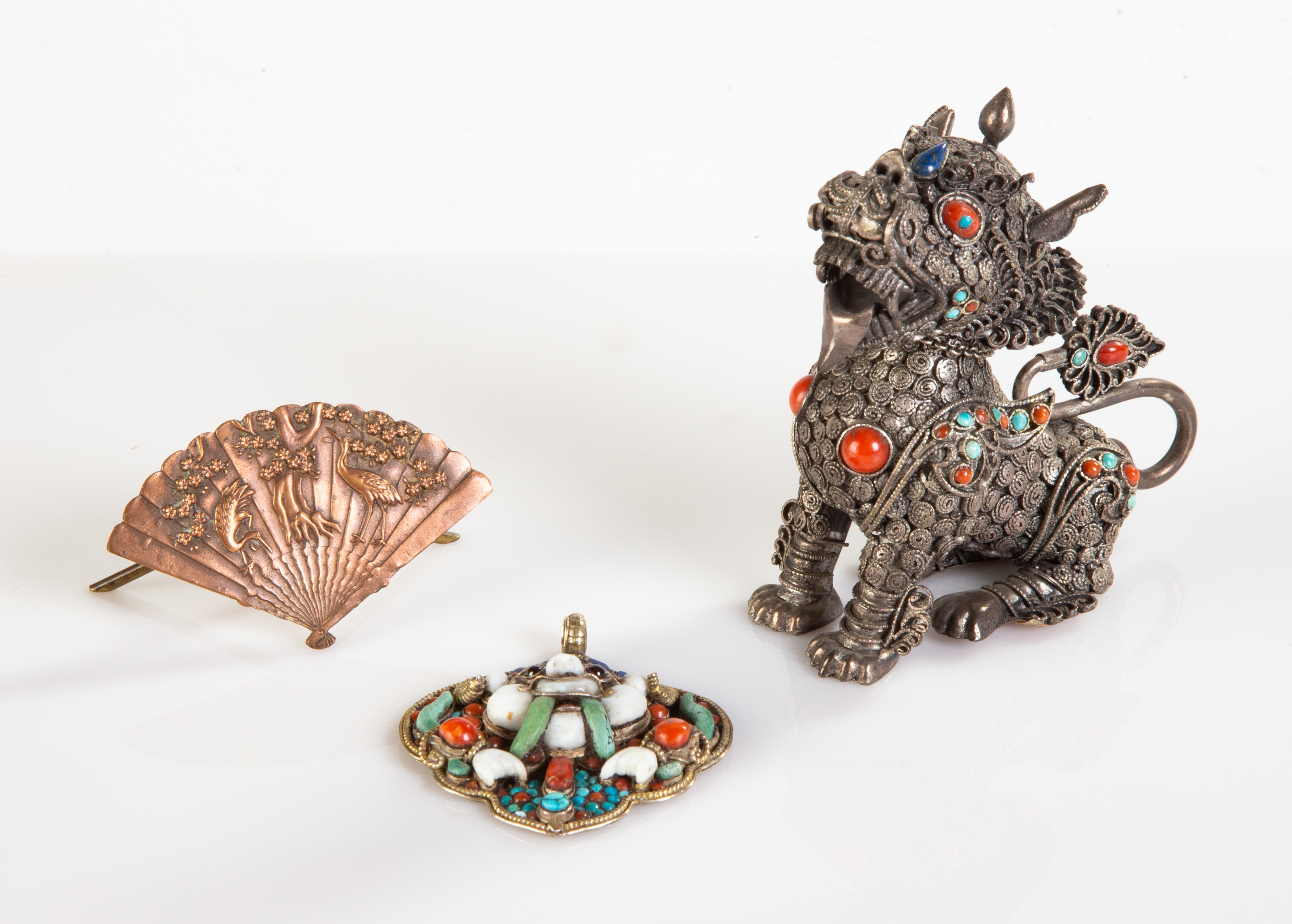 TIBETAN SILVER FILIGREE FOO DOG,