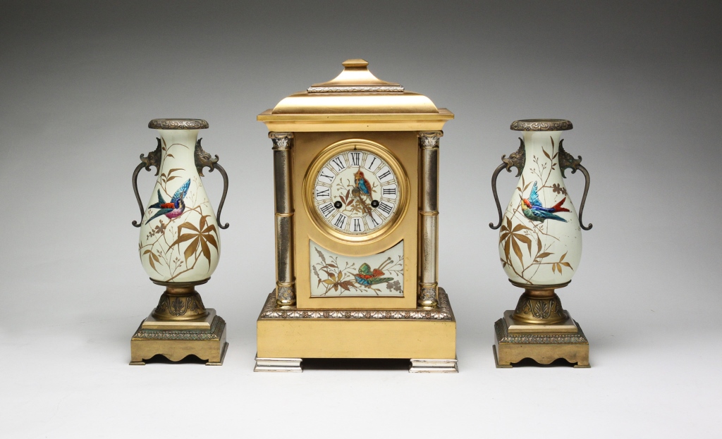 TIFFANY FURNACES CLOCK GARNITURE.