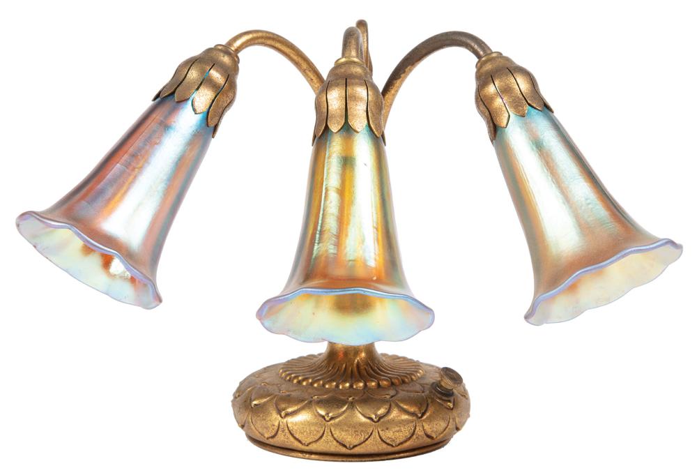 TIFFANY GILT BRONZE THREE-LIGHT