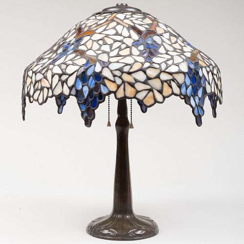 TIFFANY STYLE LEADED GLASS LAMP AND