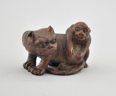 Tiger and Monkey Wood Netsuke