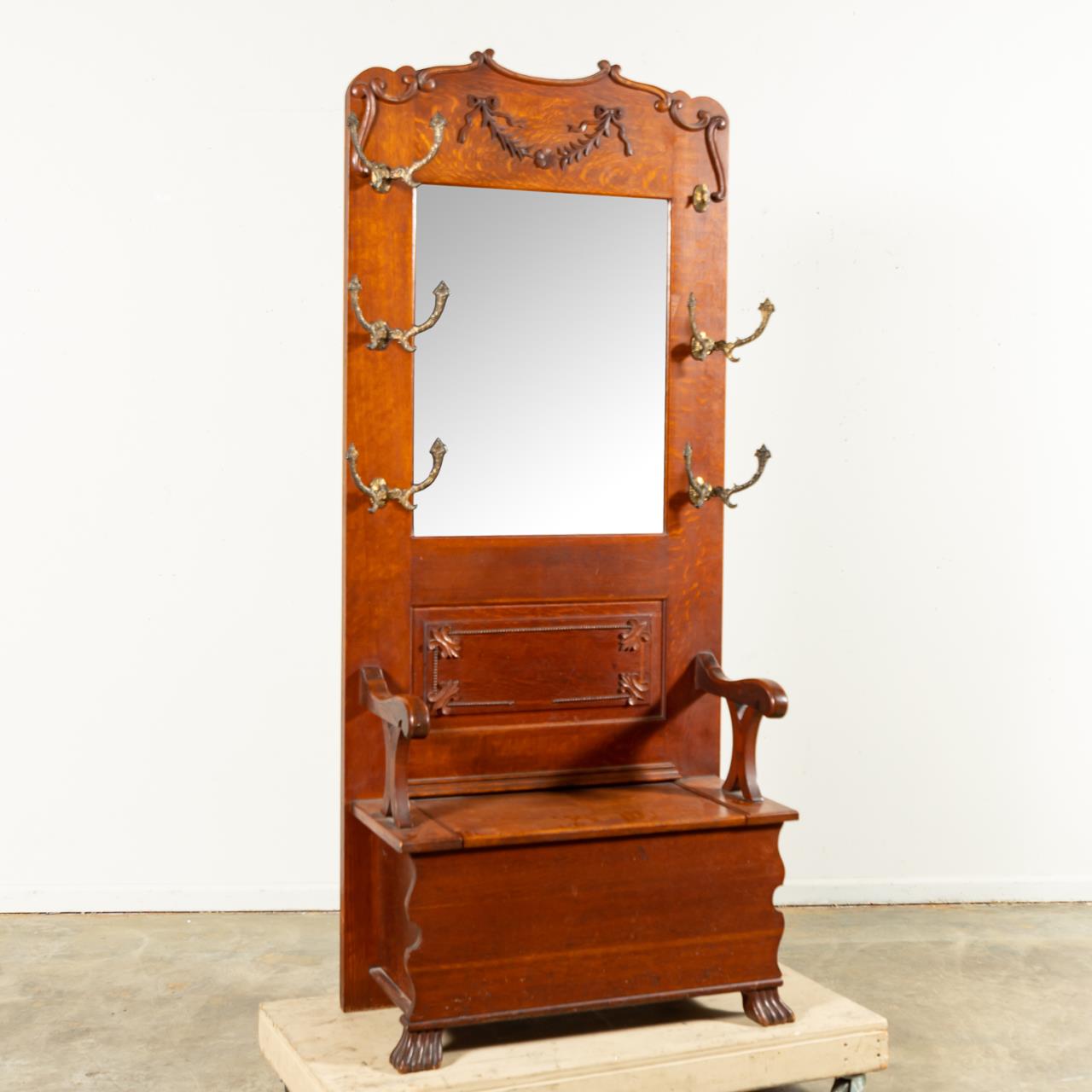 TIGER OAK HALL TREE WITH MIRROR AND