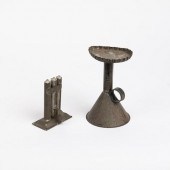 TIN BETTY LAMP STAND AND THREE