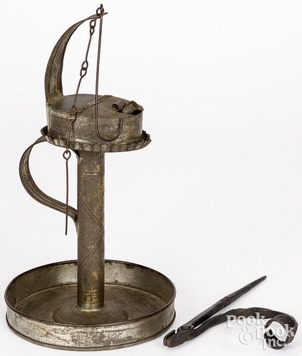 TIN FAT LAMP ON STAND, 19TH C.,