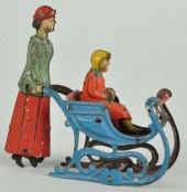 Tin Litho Woman Pushing Sleigh