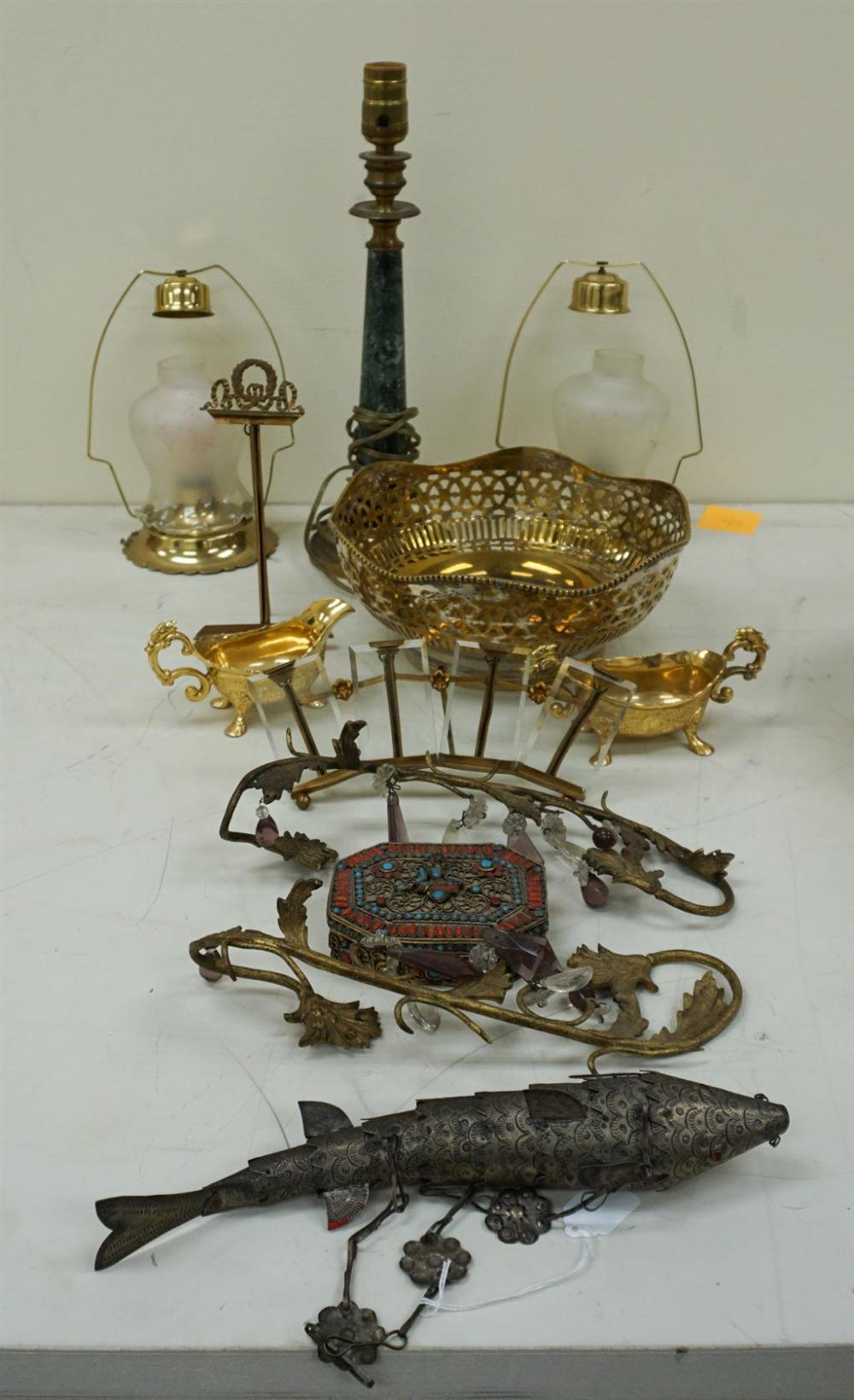 TIN RETICULATED FISH, BRASS BOWL,