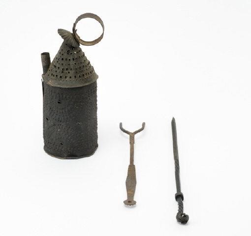 TIN STABLE LANTERN, IRON FORK &