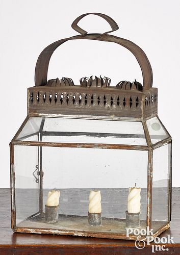 TIN THREE-LIGHT LANTERN, 19TH C.Tin