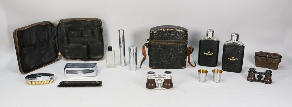 TOILETRY CASE, 2 WHISKEY FLASKS &