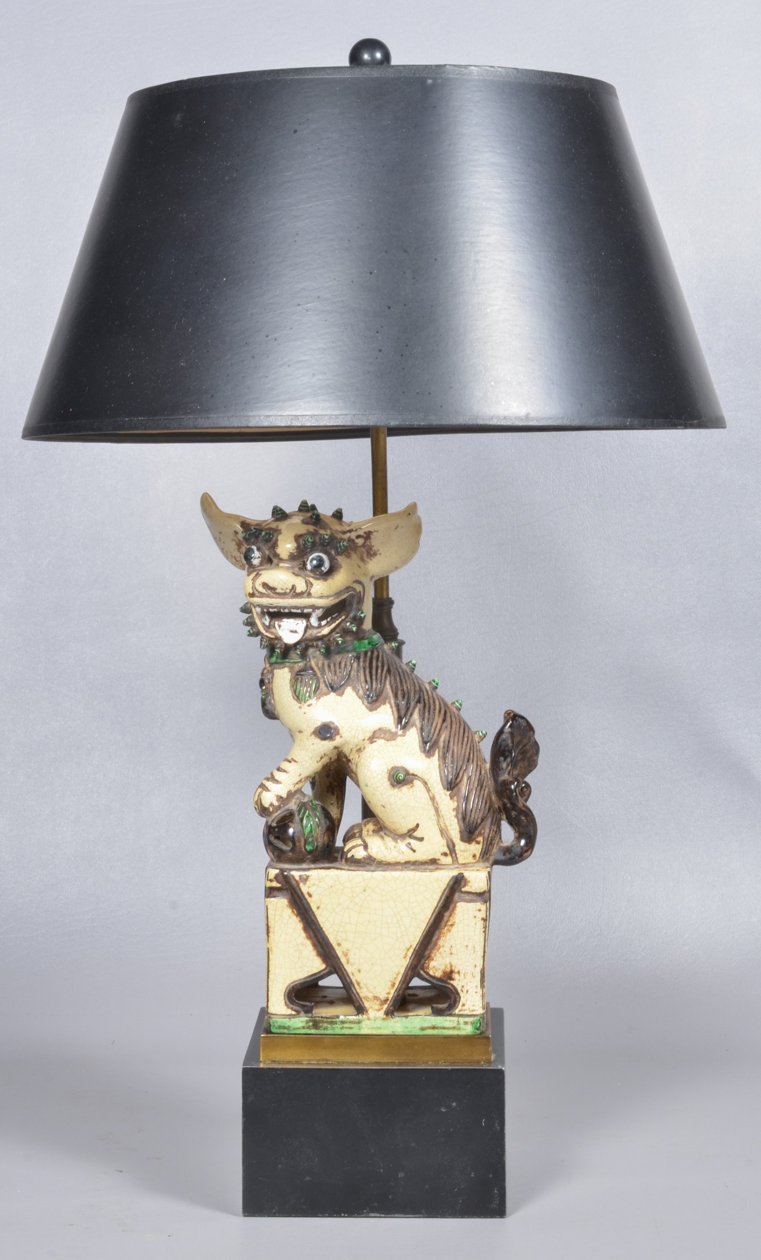 Tole and pottery fu-dog sculpture
