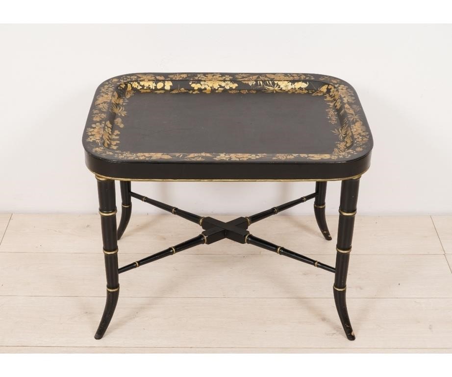 Tole decorated black metal tray,