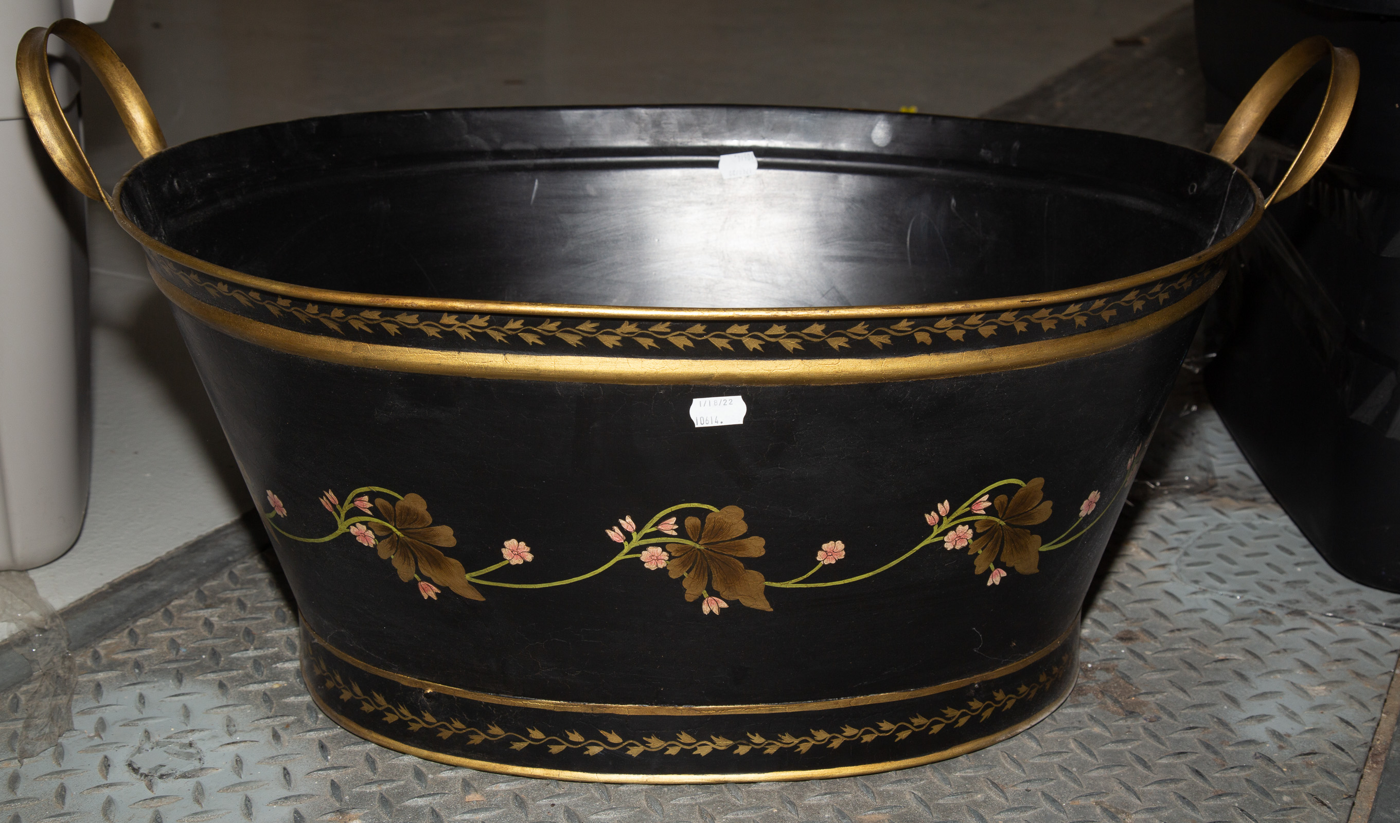 TOLE DECORATED KINDLING BUCKET .