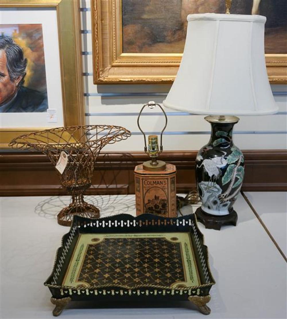 TOLE DECORATED TRAY, METAL BASKET