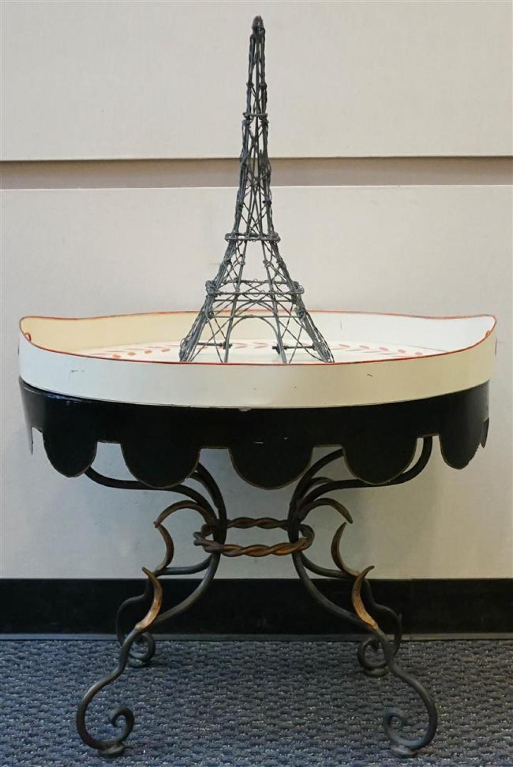 TOLE DECORATED TRAY ON STAND, WHITE