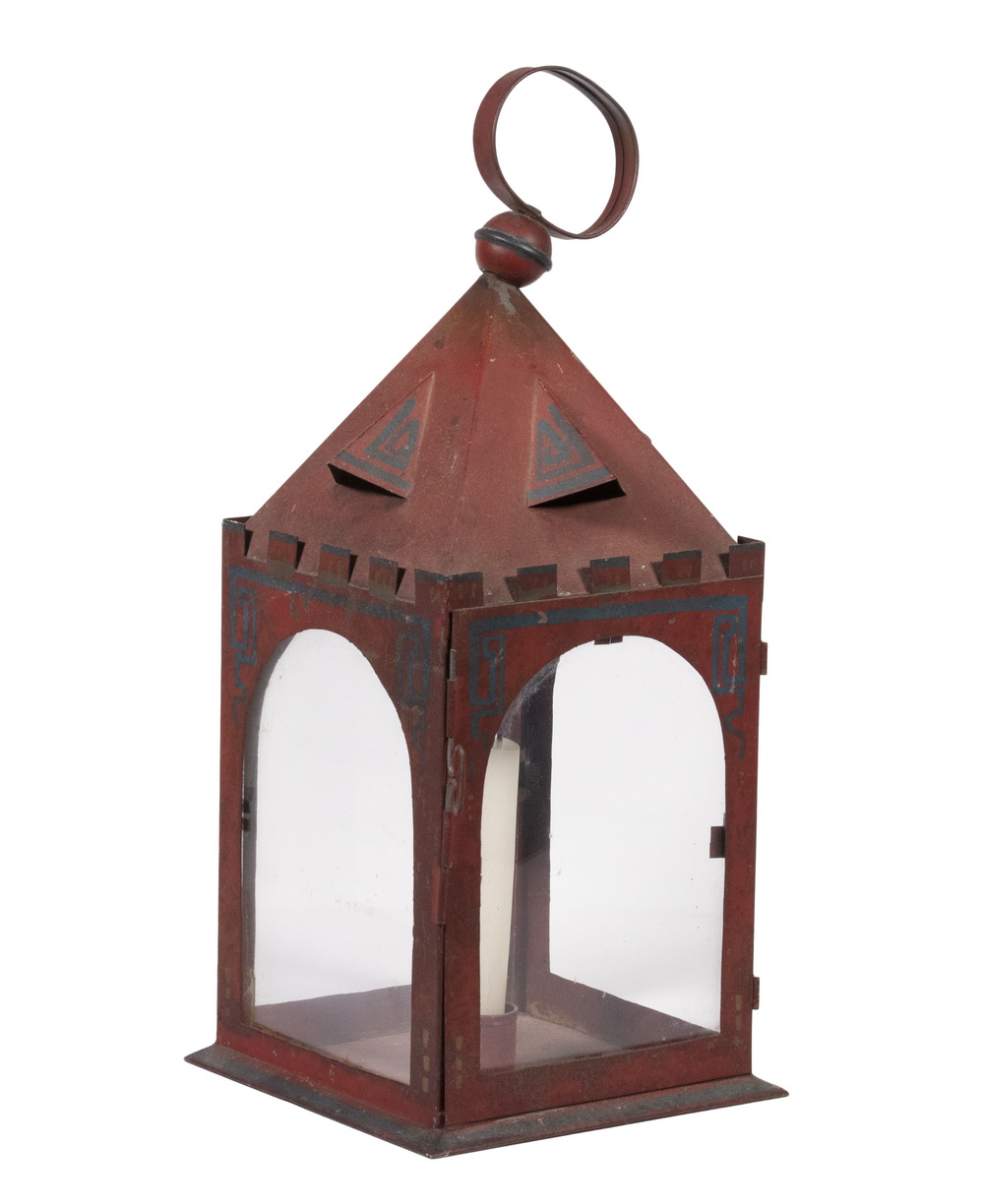 TOLE PAINTED CANDLE LANTERN Red and