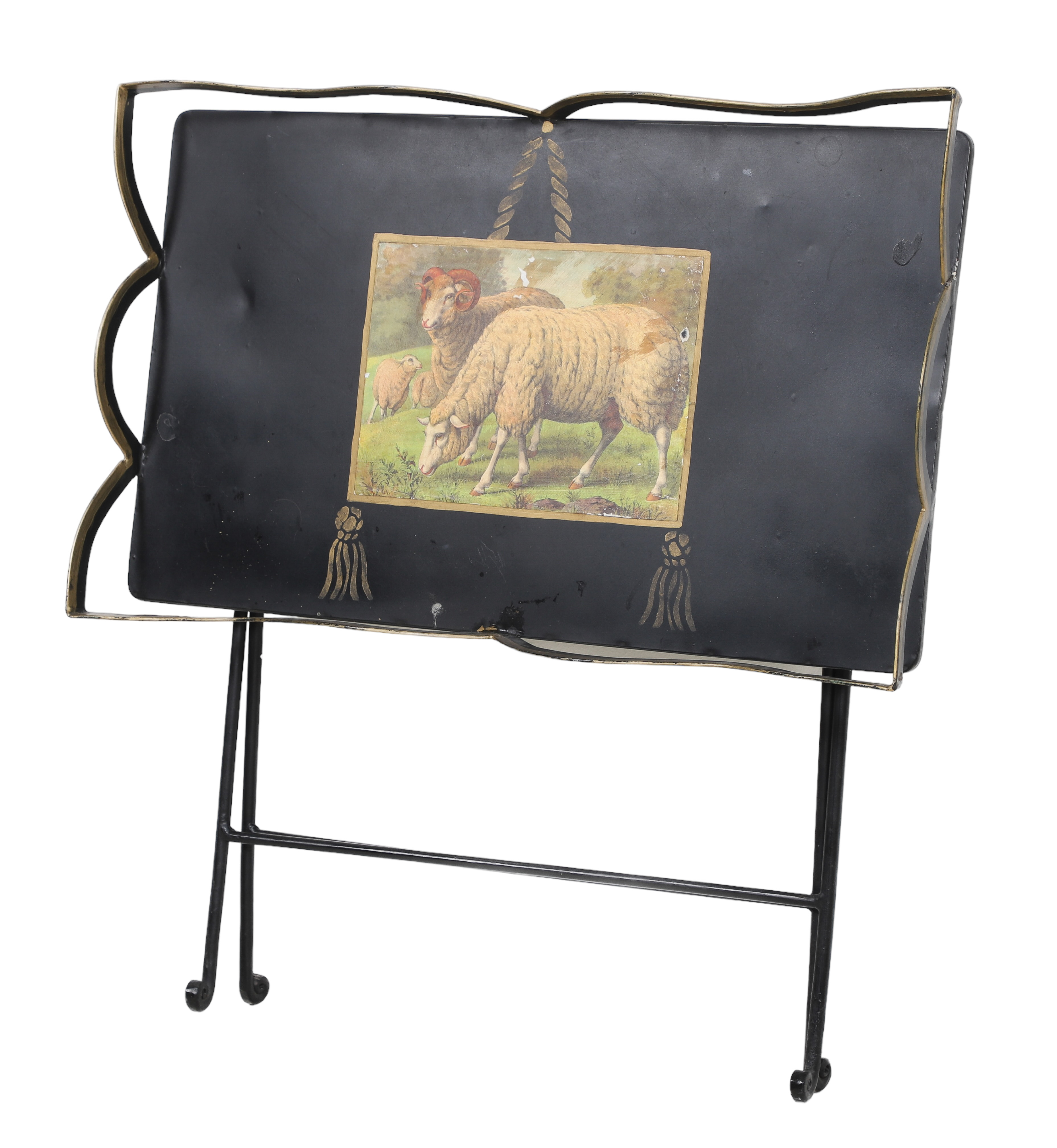 Tole painted folding tray, ebonized