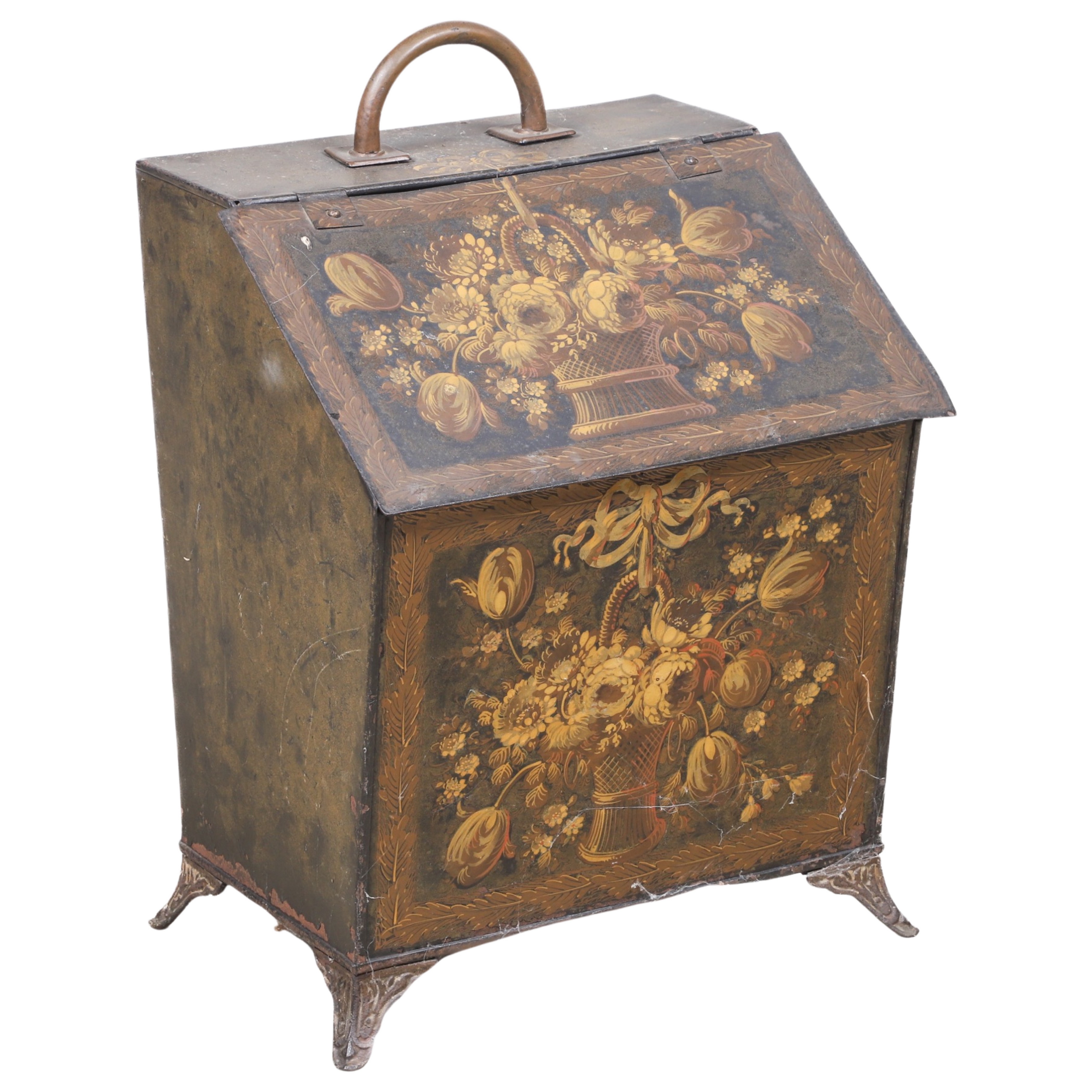 Tole painted lift lid kindling box,