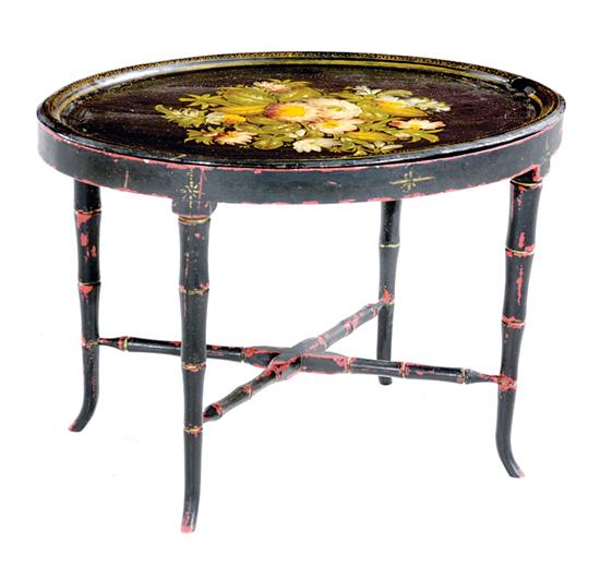 Tole painted tin tray on stand 19th