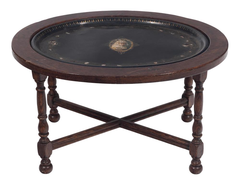 TOLE TRAY MOUNTED IN AN OAK TABLE