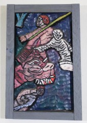 TOM CRAMER OIL ON CARVED WOOD