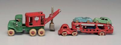 Toy steam shovel, car carrier, both