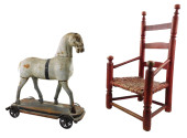 TOYS: EARLY HORSE PULL TOY AND