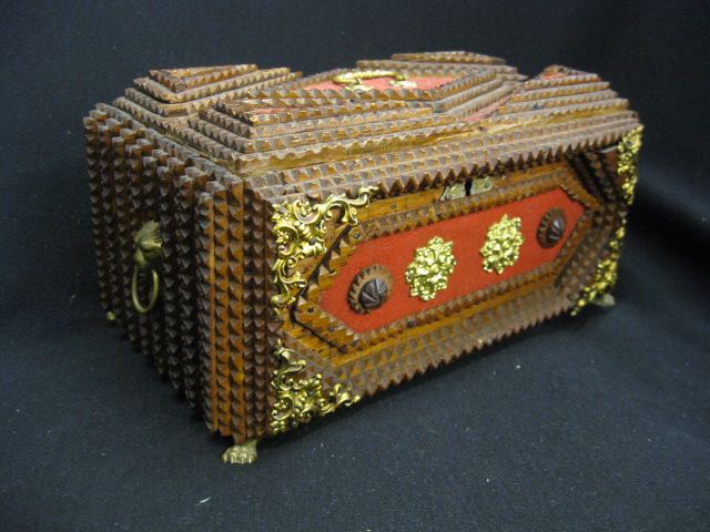 Tramp Art Box carved brass trim &