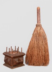 Tramp art spool box and broom