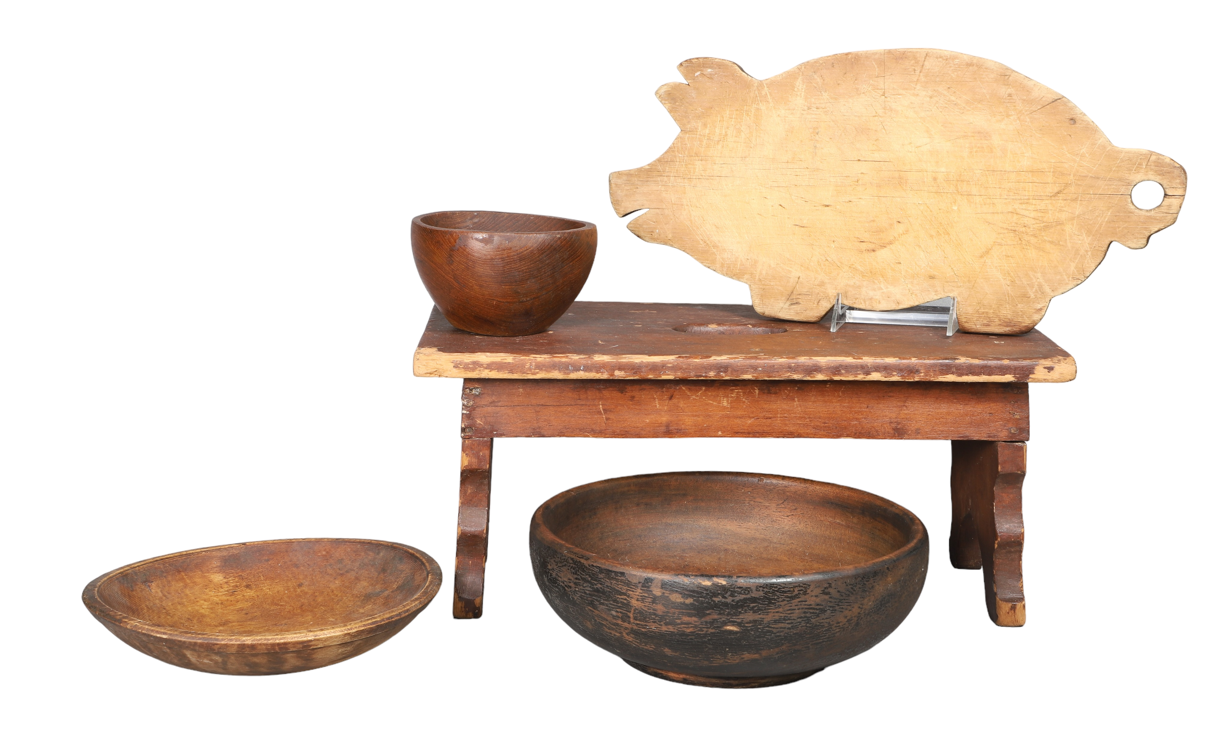 Treenware bowls, stool and
