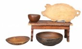 Treenware bowls, stool and cut