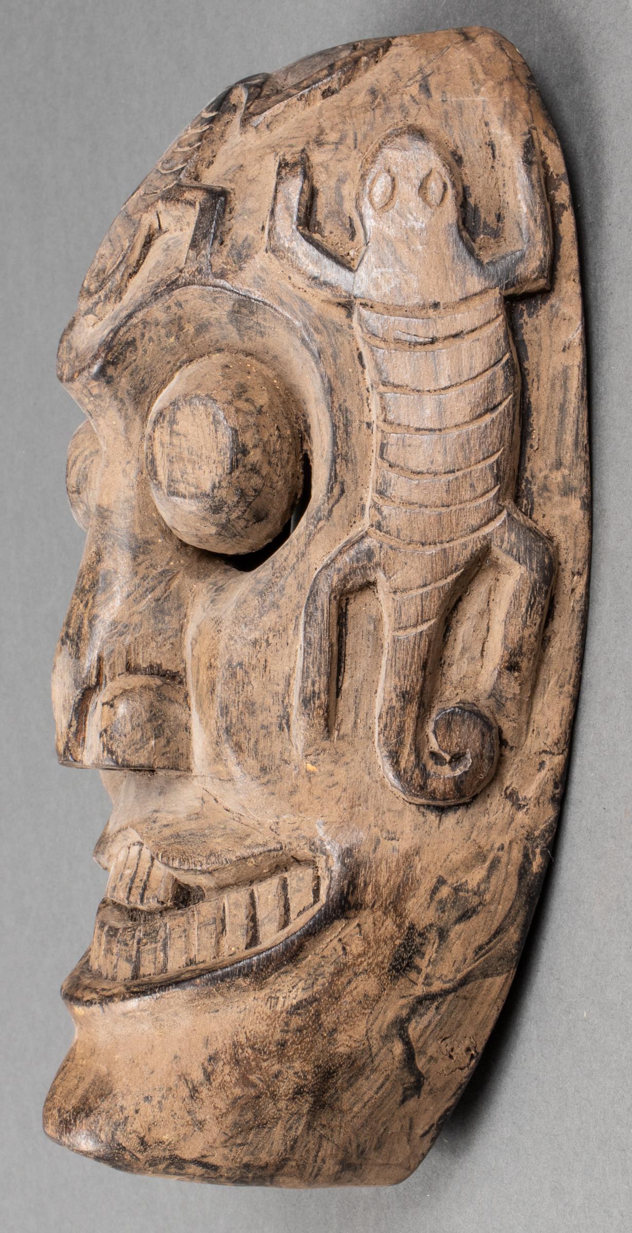 TRIBAL CARVED WOOD MASK WITH LIZARD