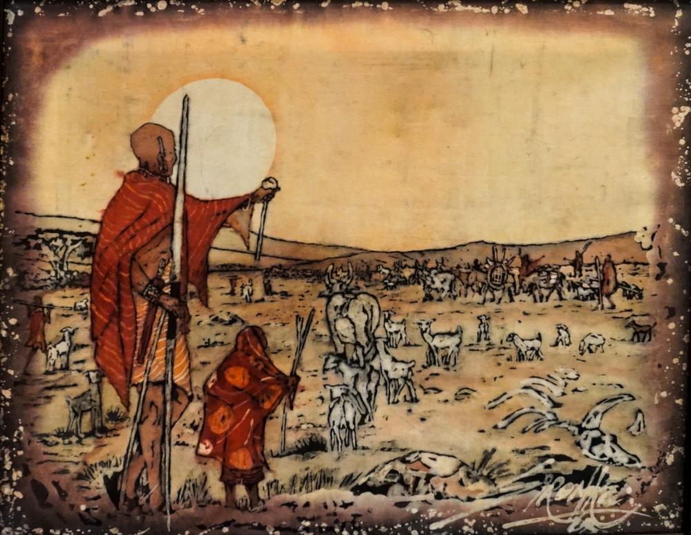 TRIBE WITH HERD, BATIK ON CLOTH,