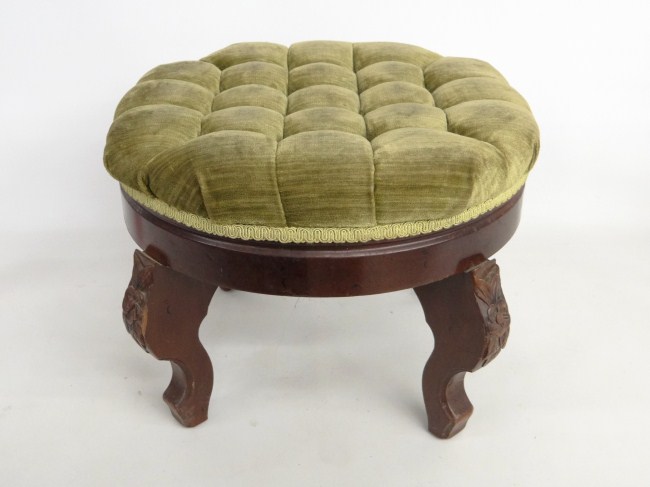 Tufted stool with carved base. 16''