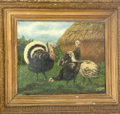 "TURKEY IN BARN" OIL ON CANVAS