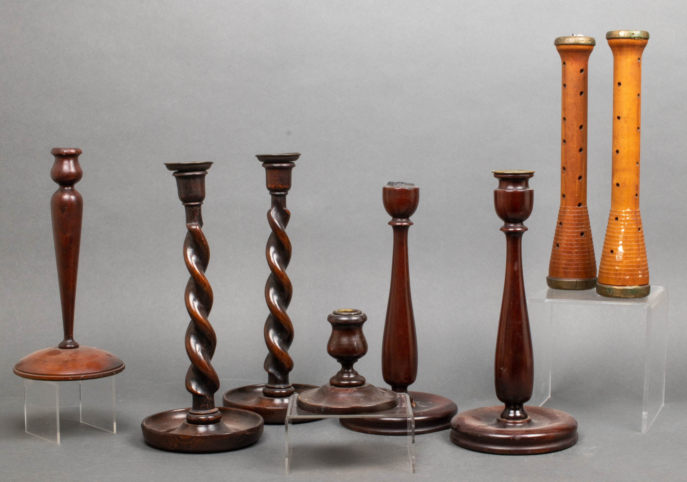 TURNED WOOD CANDLE STICK HOLDERS, 8