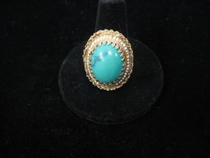 Turquoise and seed pearl ring    14