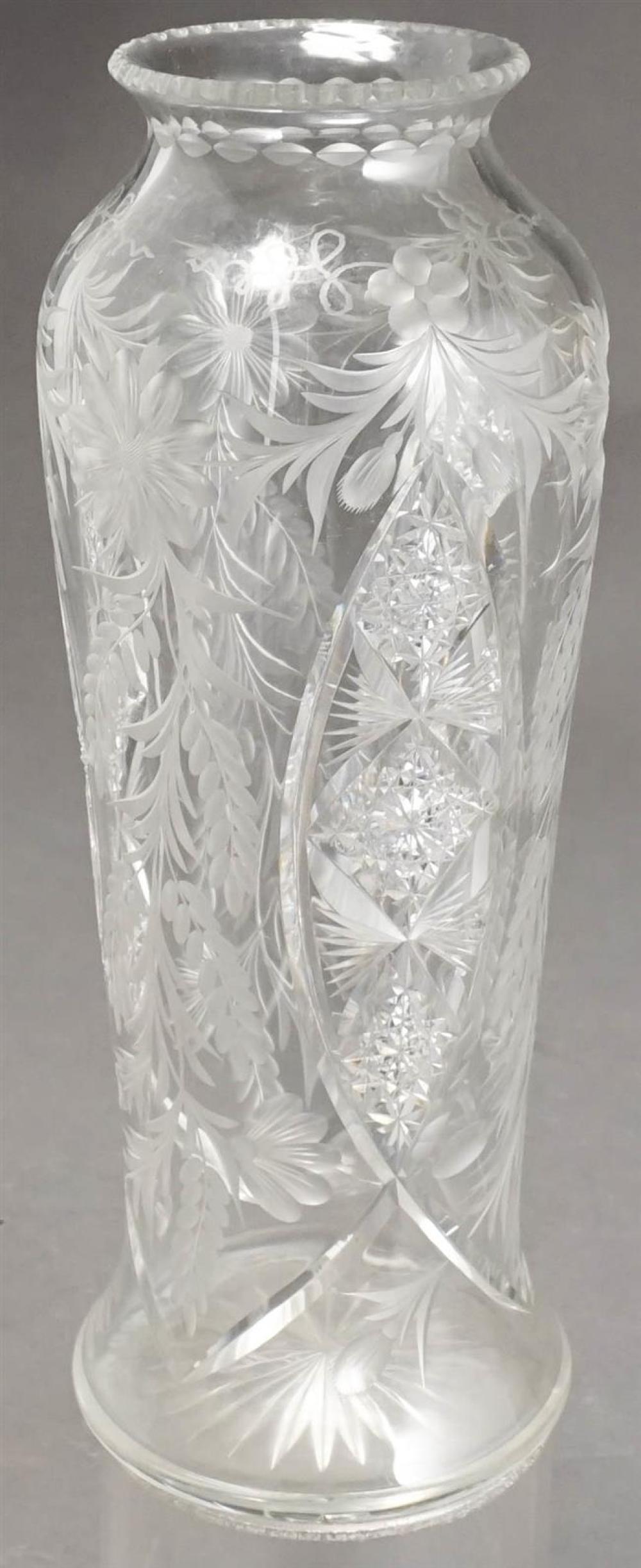 TUTHILL CUT ETCHED CRYSTAL VASE, H: