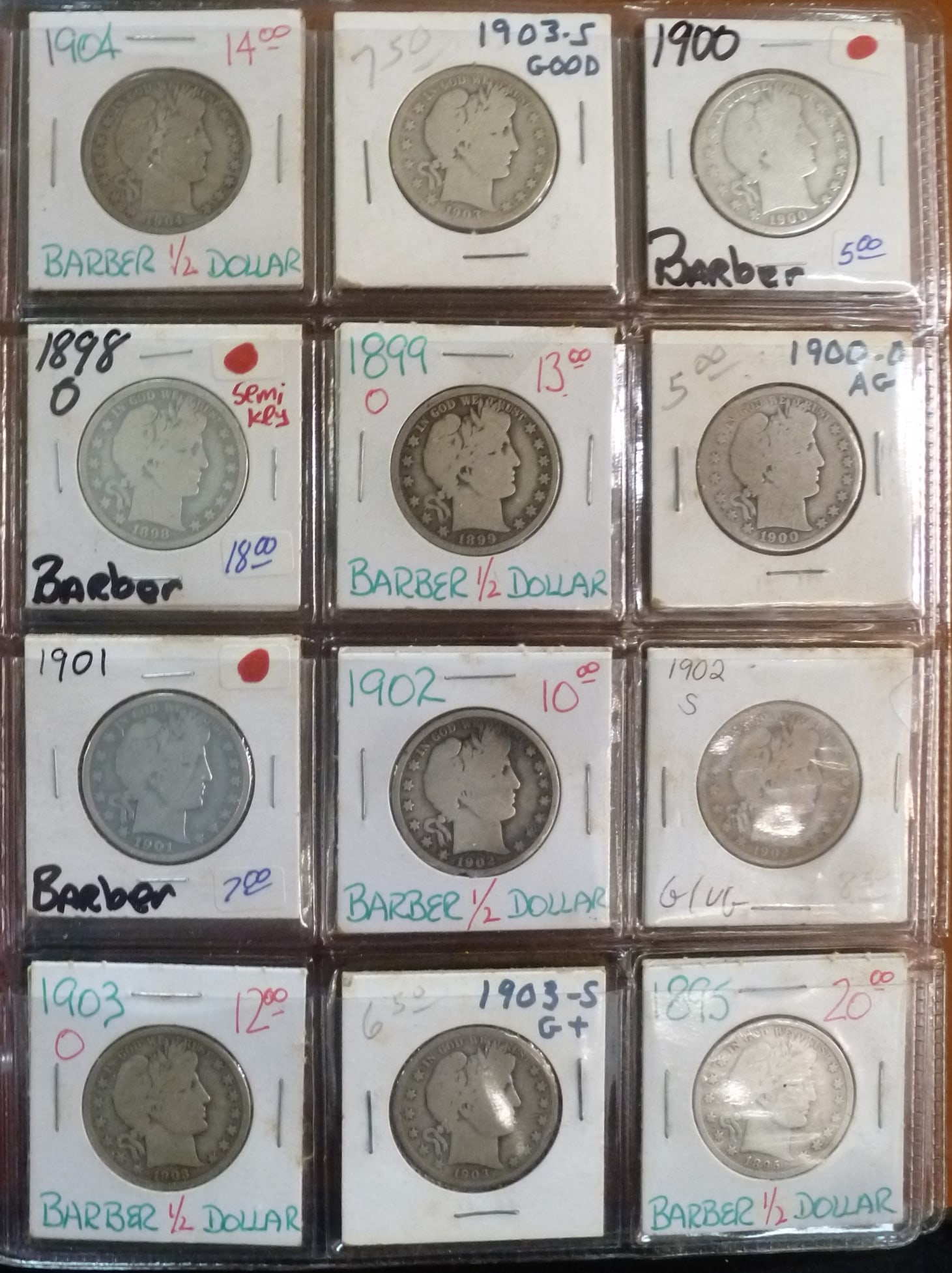 TWELVE 90% PURE SILVER BARBER OR