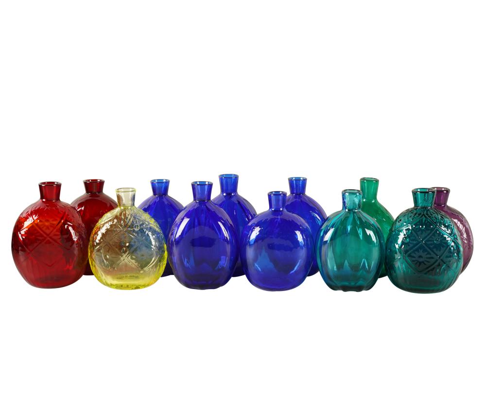 TWELVE COLORED BLOWN GLASS