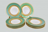 TWELVE LIMOGES GREEN & GILT PO
