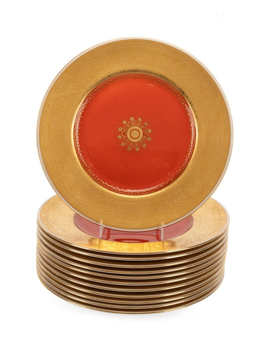 TWELVE MINTON ORANGE & GILT RIM