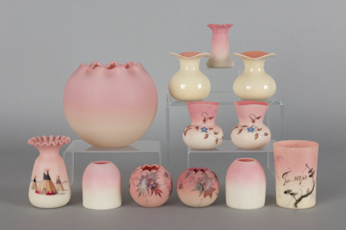 Twelve pieces of peachblow glass