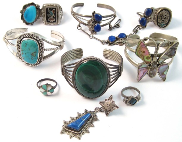 TWELVE PIECES SILVER JEWELRY.