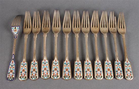 Twelve Russian cloisonne enamel